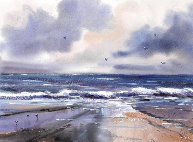 Wolkiger Himmel und stürmische See im Aquarell